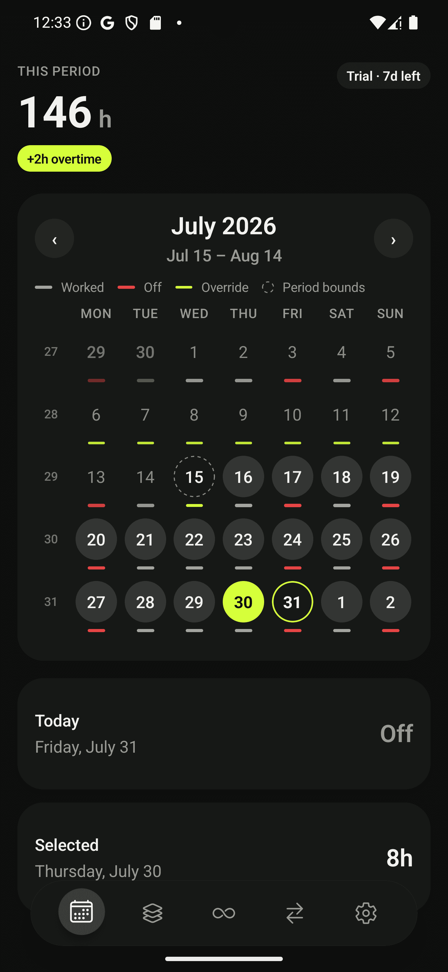 Omveta calendar showing a work period, planned hours, and work-day states.